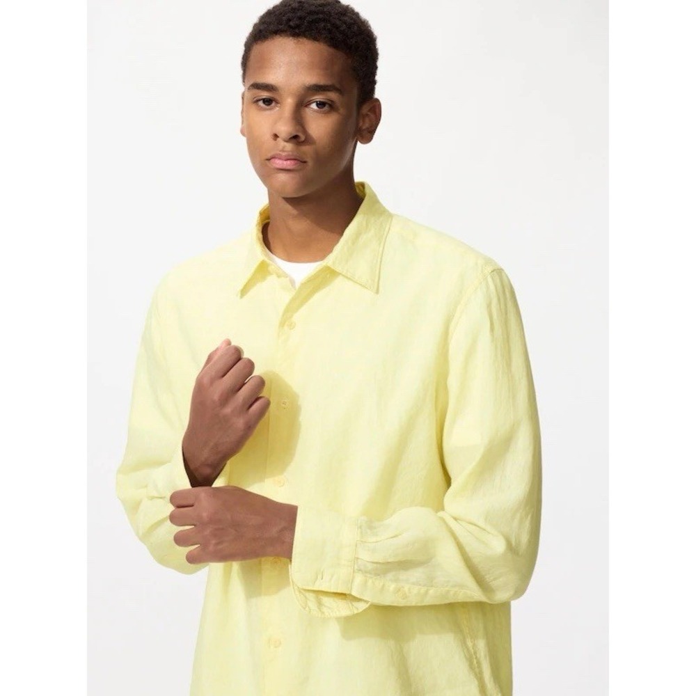 NEW Uniqlo Shirt Mens Large Butter 41 Yellow 100% Linen Premium Long Sleeve